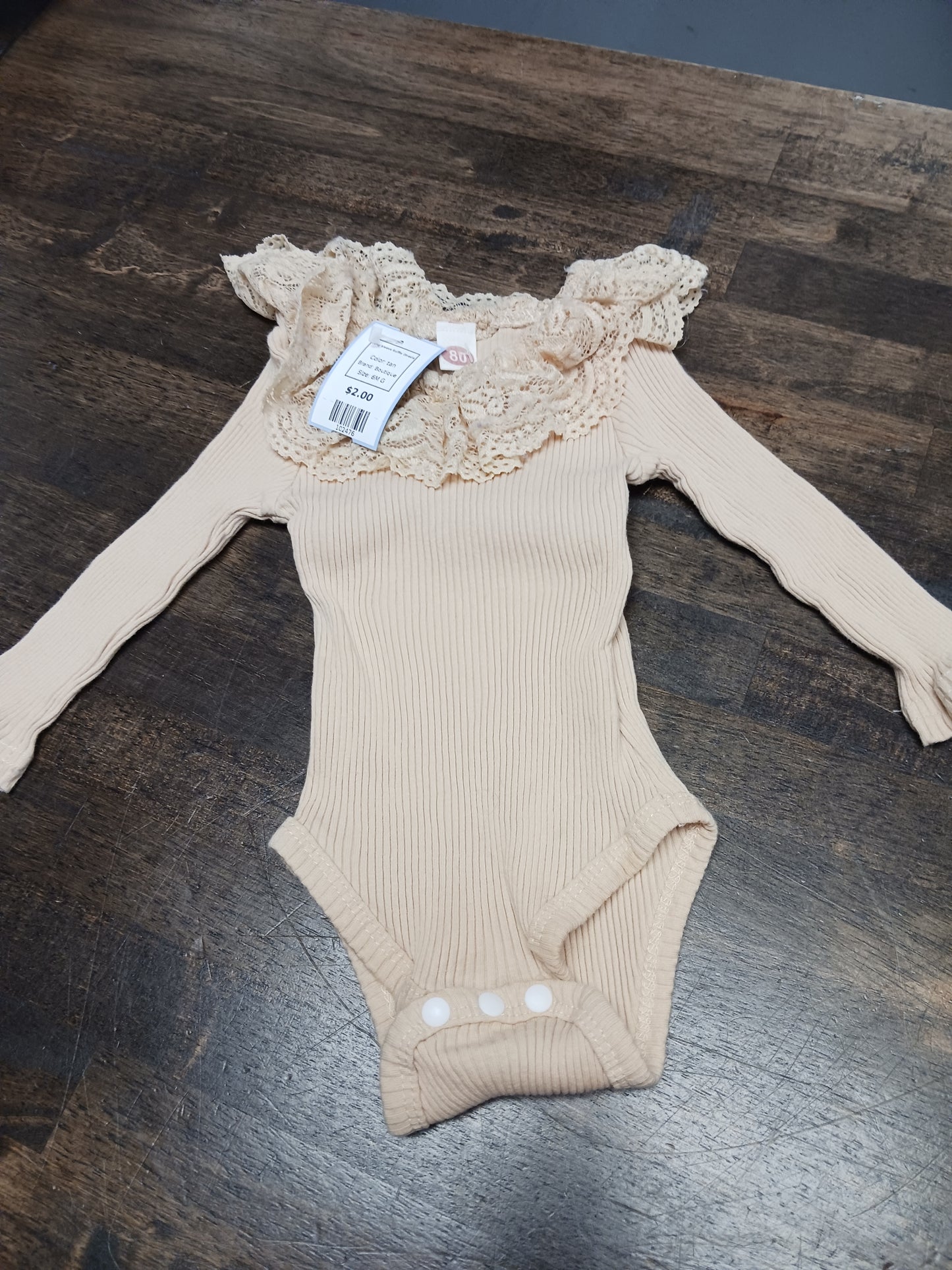 tan Boutique Long Sleeve Ruffle Onesie, 6M G