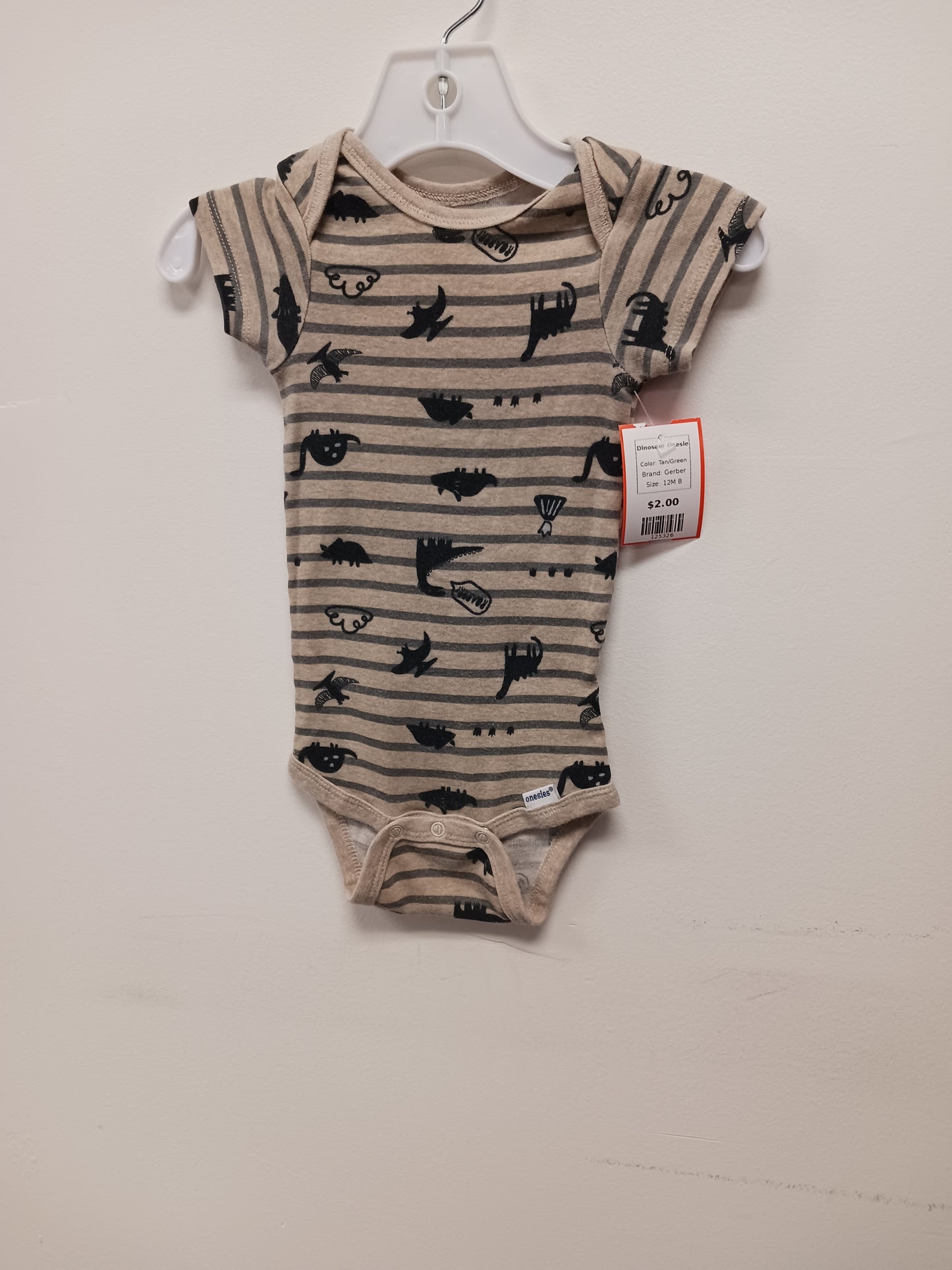 Tan/Green Gerber Dinosaur Onesie, 12M B