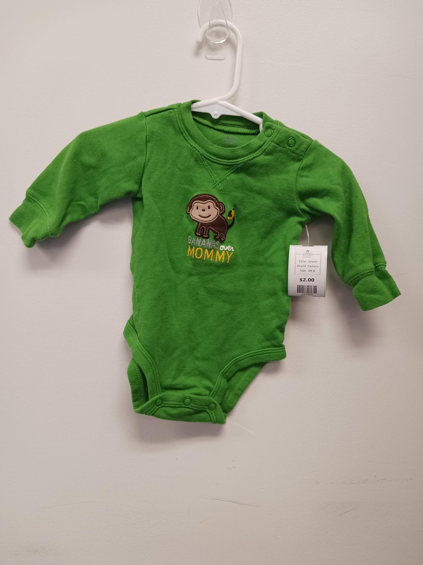 Green Carters Long Sleeve Monkey Onesie, 3M B