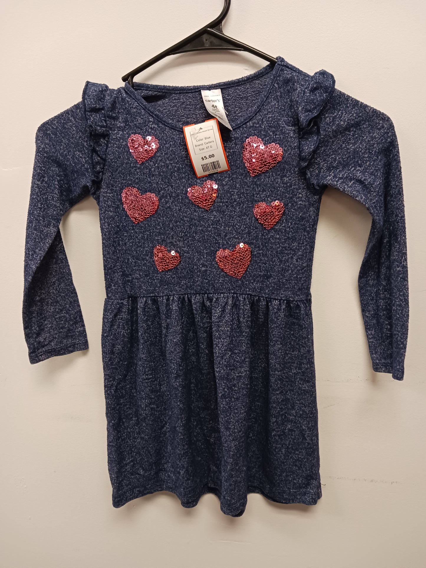 Blue Carters Long Sleeve Heart Dress, 4T G